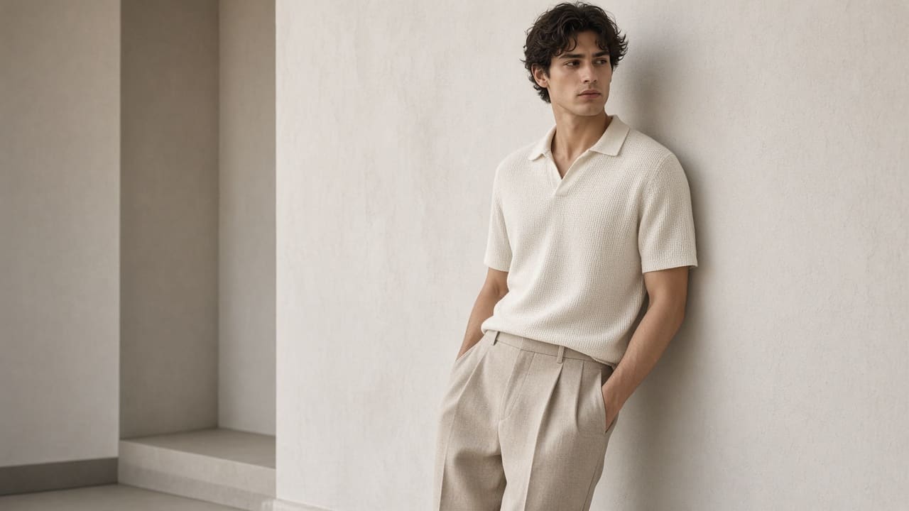 Menswear look: knit polo and pleated trousers