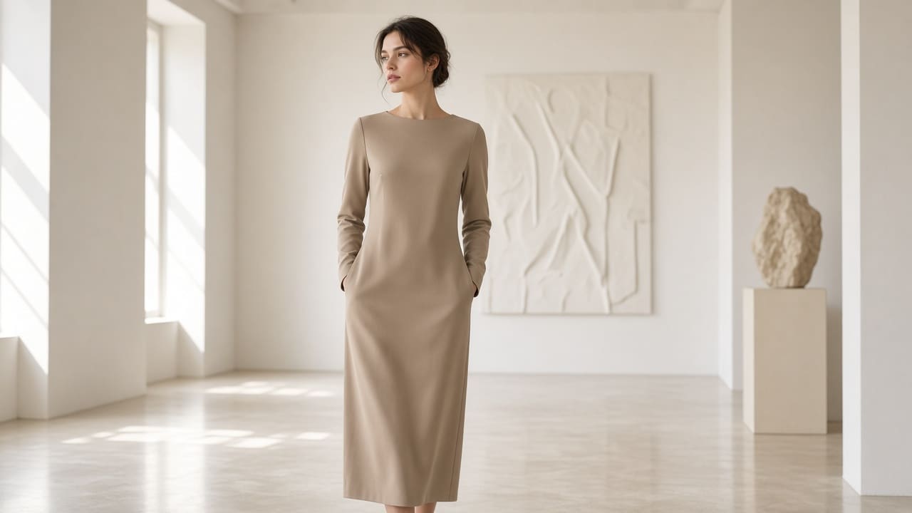 Taupe column midi dress in a gallery space