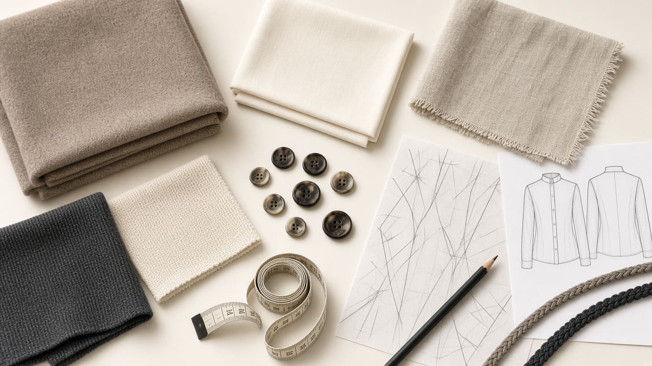 Fabric swatches, buttons and technical sketches
