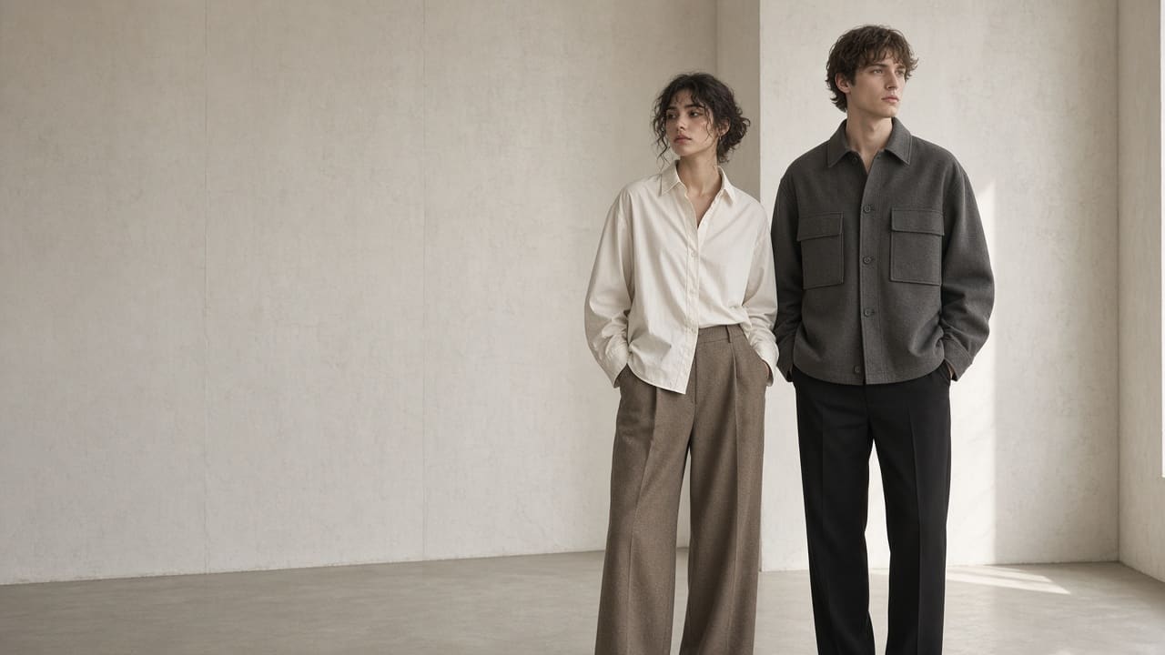 Menswear and womenswear editorial in an ivory studio